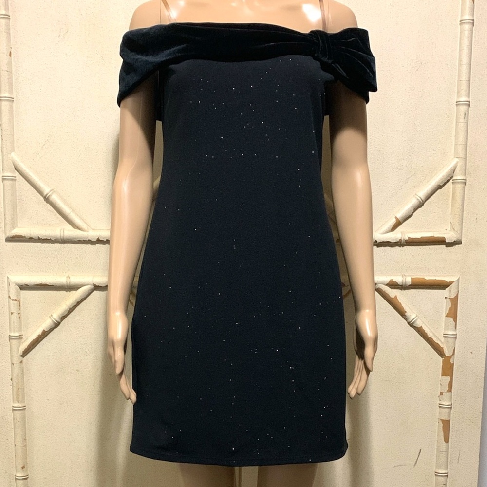 Vintage 80s 90s Off Shoulder Glitter Sparkle Mini Cocktail Dress